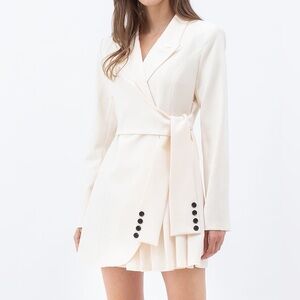 Chic Ivory Belted Blazer Dress Pleated Business Casual Office Professional